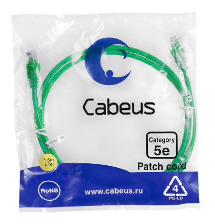 Патч-корд Cabeus PC-UTP-RJ45-Cat.5e-1.5m-GN Патч-корд U/UTP, категория 5е, 2xRJ45/8p8c, неэкранированный, зеленый, PVC, 1.5м