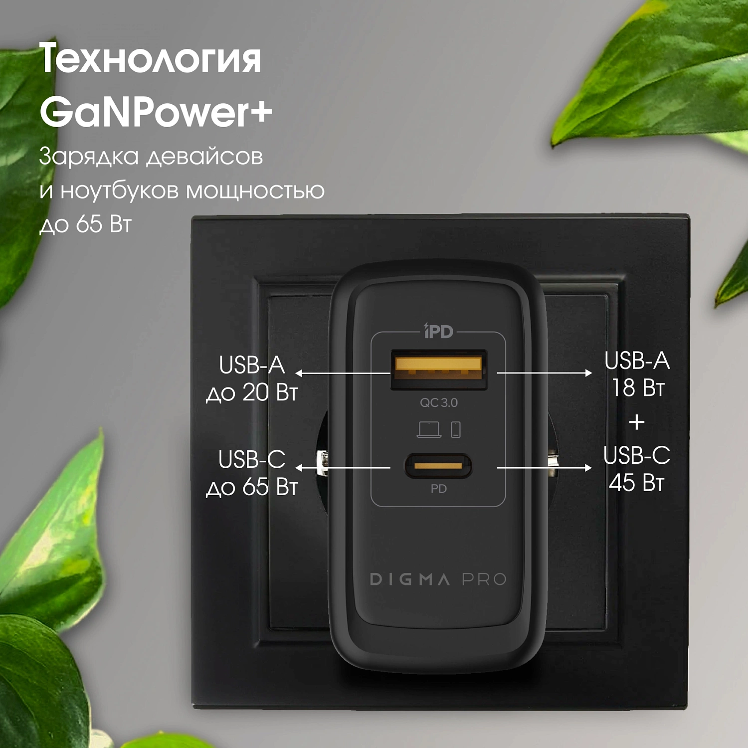 Сетевое зар./устр. Digma Pro DPW6A 65W 3.25A+3A (PD+QC) USB-C/USB-A универсальное черный (DPW6A5GX11BK)
