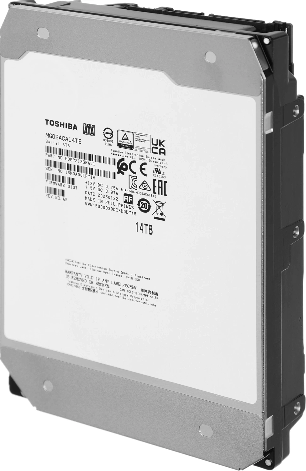 Жесткий диск серверный 3.5" 14TB Toshiba MG09 Series SATA 6Gb/s, 7200rpm, 512MB, 512e/4Kn, CMR, Helium, Bulk