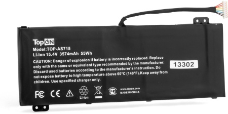 Батарея для ноутбука TopON TOP-AS715 15.4V 3574mAh литиево-ионная Acer Aspire 7 A715-74G, AN517-51, Nitro 5 AN515-43, A517-51, AN515-54, AN515-55, AN517-51, 7 AN715-51, ConceptD 3 CN315-71, Pro CN315-71P, ConceptD 5 CN517-71, Pro CN515-71P, ConceptD 5 Pro