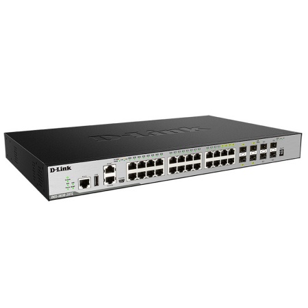 Коммутатор D-Link PROJ Managed L3 Stackable Switch 20x1000Base-T, 4x10GBase-X SFP+, 4xCombo 1000Base-T/SFP, Surge 6KV, CLI, 1000Base-T Management, RJ45 Console, mini-USB Console, USB, RPS, Alarm RJ-45, Dying Gas