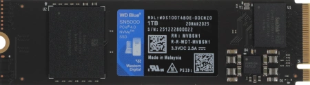Твердотельный накопитель Western Digital Blue SN5000 SSD M2.2280 PCIe 4.0 1Tb, 5150MBs/4900MBs, TBW 600, WDS100T4B0E, 1 year