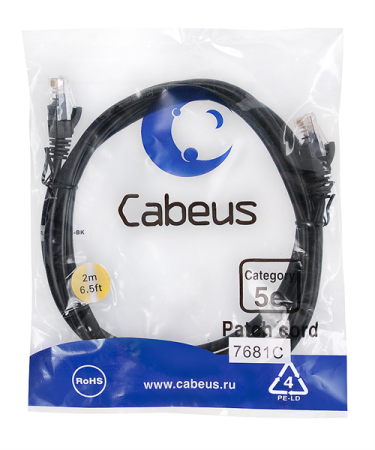 Патч-корд Cabeus PC-UTP-RJ45-Cat.5e-2m-BK Патч-корд U/UTP, категория 5е, 2xRJ45/8p8c, неэкранированный, черный, PVC, 2м