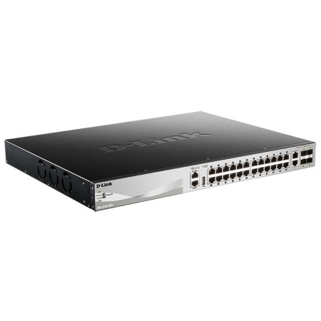 Коммутатор D-Link PROJ Managed L3 Stackable Switch 24x1000Base-T PoE, 2x10GBase-T, 4x10GBase-X SFP+, PoE Budget 370W (740W with DPS-700), Surge 6KV, CLI, 1000Base-T Management, RJ45 Console, USB, RPS, Dying Gasp