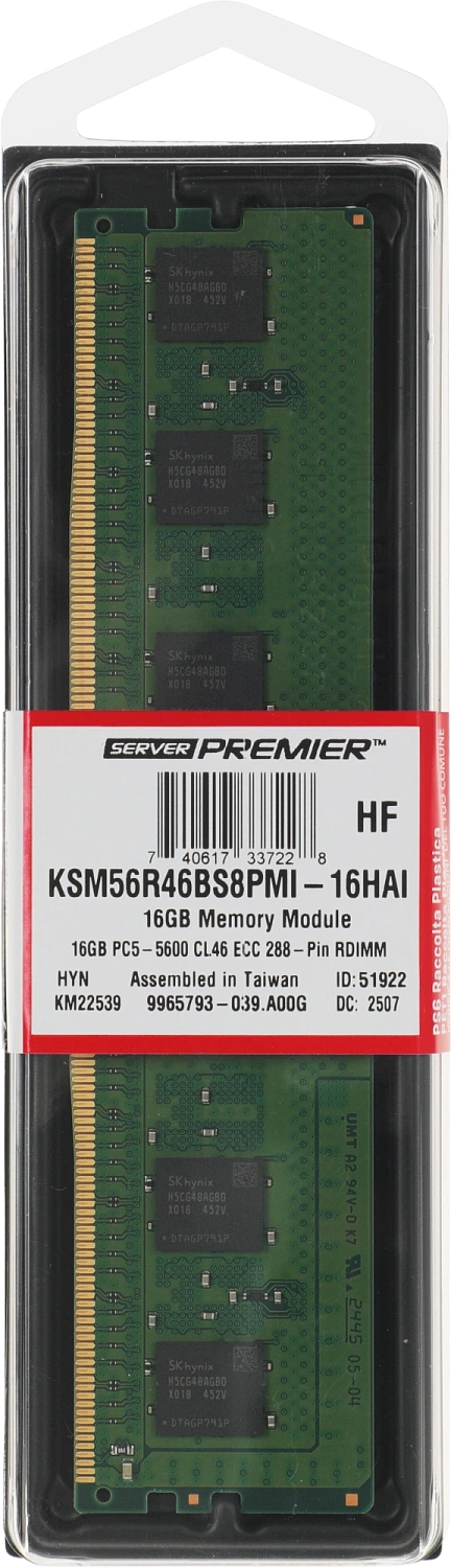 Оперативная память Kingston Server Premier 16GB 5600MT/s DDR5 ECC Registered CL46 DIMM 1Rx8 Hynix A Renesas