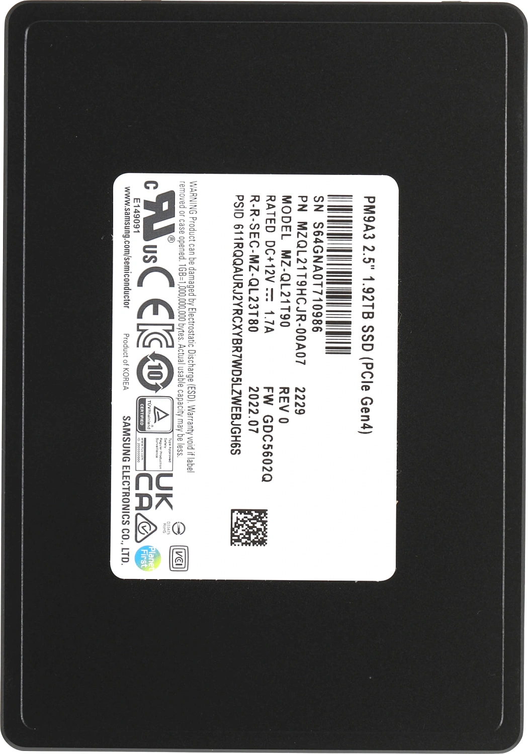 Твердотельный накопитель Samsung Enterprise SSD, 2.5"(SFF/U.2), PM9A3, 1920GB, NVMe/PCIE Gen4 (1x4), R6800/W2700Mb/s, IOPS(R4K) 850K/130K, MTBF 2M, 1DWPD/5Y, OEM, ( analog MZQLB1T9HAJR-00007)