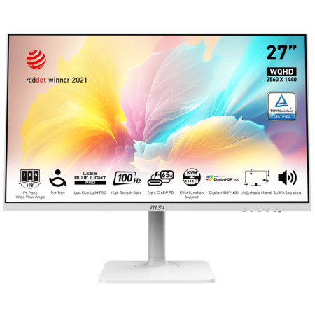 Монитор 27" MSI Modern MD272QXPW White (IPS, 2560x1440, HDMI+DP+Type C, 4 ms, 178°/178°, 400 cd/m, 1000:1 (100M:1), 100Hz, Spk, Pivot)