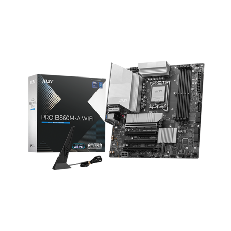 Материнская плата MSI PRO B860M-A WIFI B860, LGA1851, 4*DDR5, 4*PCIEx16, 3*M.2, 2*TypeC, 3*USB3.2Gen2, 6*USB3.2Gen1, 2*USB2.0, 4*SATA3.0, 5G, Type-C(DP), DP, HDMI, M-ATX, RTL