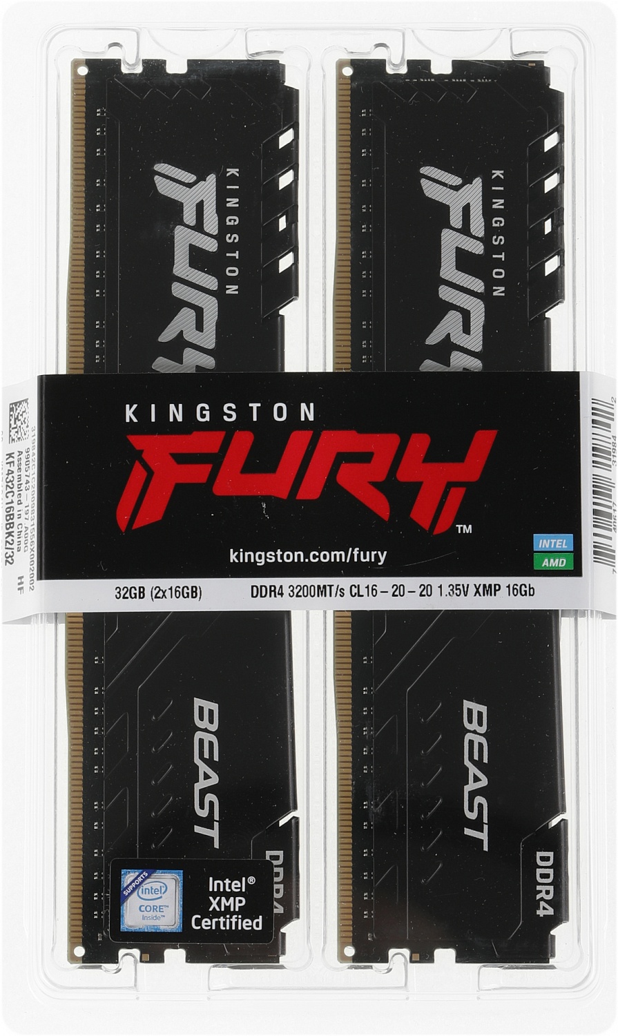 Модуль памяти Kingston FURY Beast Black Gaming Memory KF432C16BBK2/32 32GB DDR4 3200 DIMM Non-ECC, CL16, 1.35V, 2Gx8 Кит 2х16 , RTL {25} (319842)