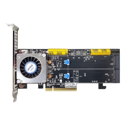 ARC-1686-2NOD PCIe 4.0 x8 Low Profile, 2 x M.2 Connector, Tri-mode interface at each M.2 bays - 12Gb/s SAS/SATA / Gen 4.0 PCIe (NVMe), RAID 0,1,10,JBOD, Hold-up Supercapacitor Onboard, RTL