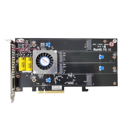 ARC-1686-4NOD PCIe 4.0 x8 Full Height, 4 x M.2 Connector, Tri-mode interface at each M.2 bays - 12Gb/s SAS/SATA / Gen 4.0 PCIe (NVMe), RAID 0,1,10,JBOD, Hold-up Supercapacitor Onboard, RTL