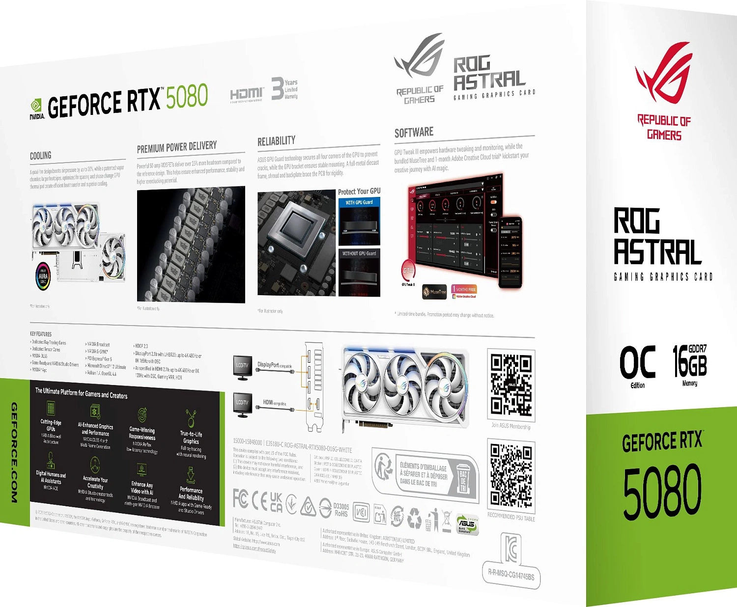 Видеокарта Asus PCI-E 5.0 ROG-ASTRAL-RTX5080-O16G-WHITE NVIDIA GeForce RTX 5080 16Gb 256bit GDDR7 2760/30000 HDMIx2 DPx3 HDCP Ret