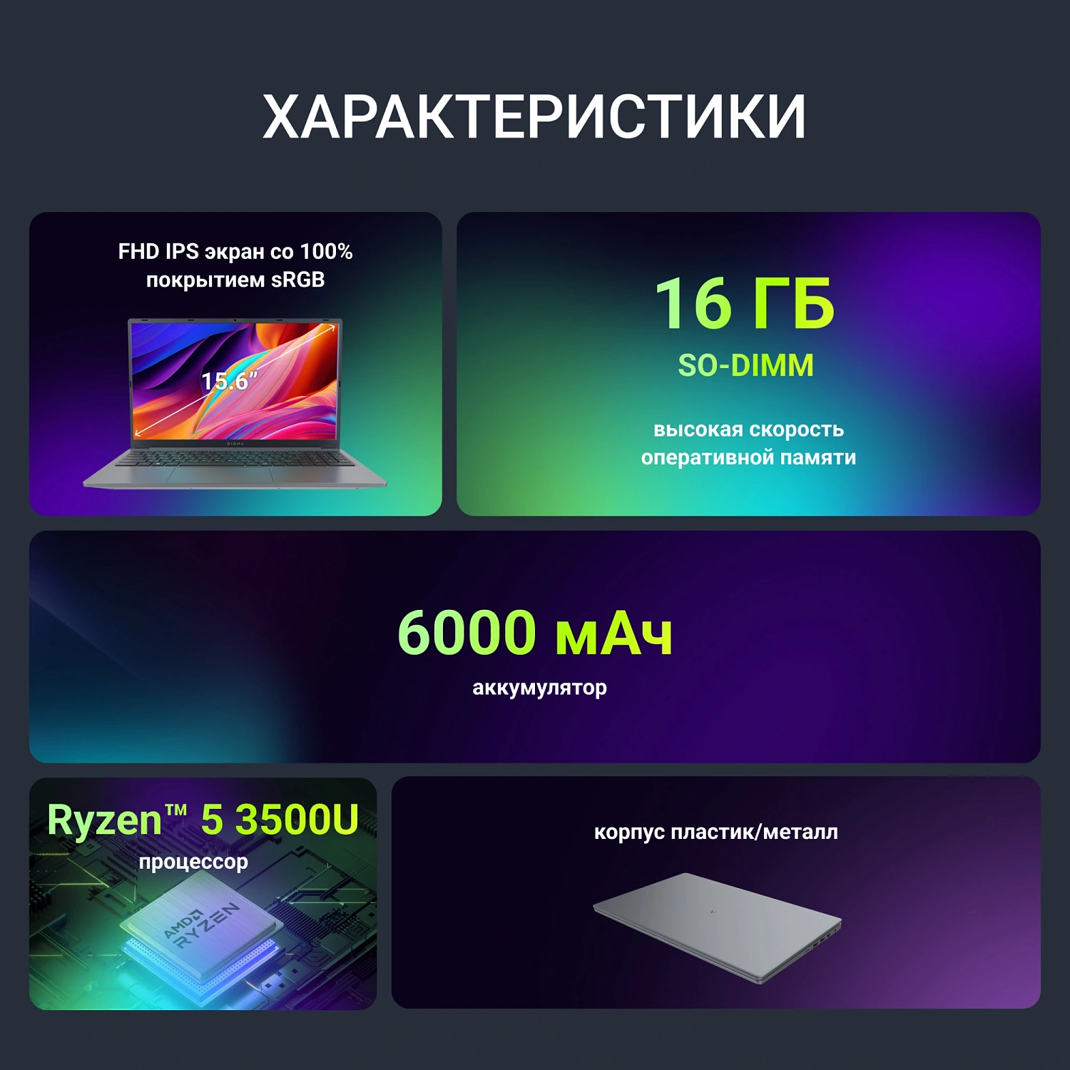 Ноутбук Digma Nova Ryzen 5 3500U 16Gb SSD512Gb AMD Radeon Vega 8 15.6" IPS FHD (1920x1080) Windows 11 Pro grey WiFi BT Cam 6000mAh (DN15R5-ADXW13)