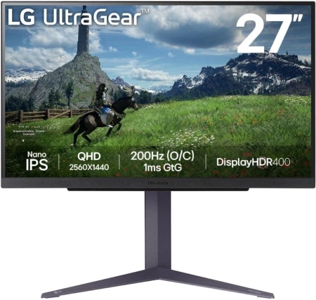 Монитор LG 27" UltraGear 27GS85Q-B черный IPS LED 16:9 HDMI матовая HAS 400cd 178гр/178гр 2560x1440 200Hz FreeSync DP 2K USB 6.2кг