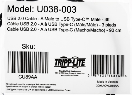 Кабель Tripplite U038-003 ver2.0 USB (m)-USB Type-C (m) 0.9м черный