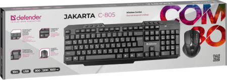 Клавиатура + мышь Defender Jakarta C-805 клав:черный мышь:черный USB беспроводная Multimedia (45804)