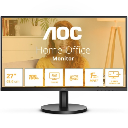 Монитор 27" AOC 27B3HMA2 1920х1080, WLED, 16:9, VA, 250cd, 3000:1, 20M:1, 4ms, 178/178, VGA, HDMI, 100Hz, Speakers, Tilt, Внутр, VESA, Black, 3y