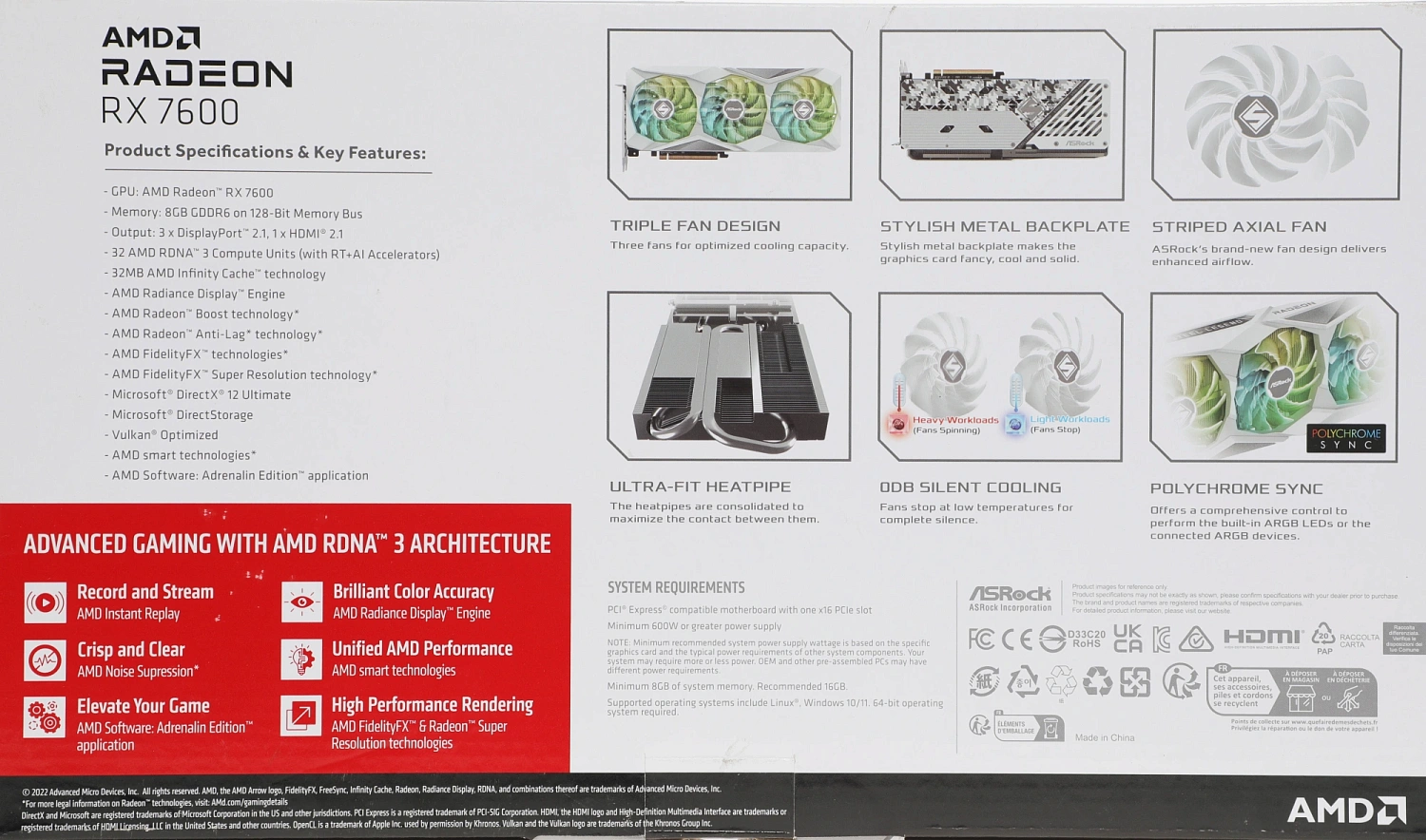 Видеокарта Asrock PCI-E 4.0 RX7600 SL 8GO AMD Radeon RX 7600 8Gb 128bit GDDR6 2320/18000 HDMIx1 DPx3 HDCP Ret