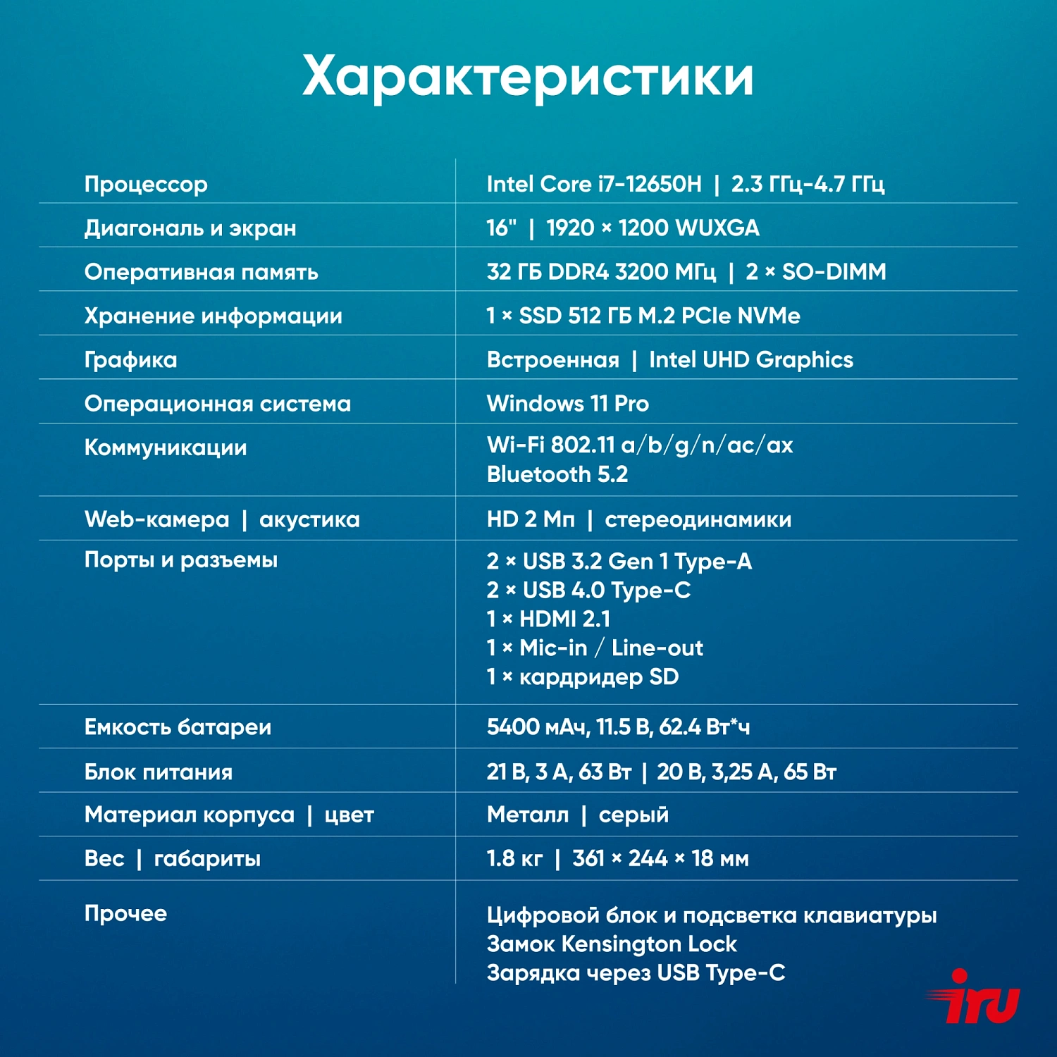 Ноутбук IRU Strato 16ALMR Core i7 12650H 32Gb SSD512Gb Intel UHD Graphics 16" IPS FHD (2560x1600) Windows 11 Pro grey WiFi BT Cam 5400mAh (2164683)