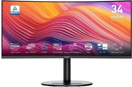 Монитор MSI Modern MD342CQP 34" 21:9 UWQHD(3440x1440) VA Curve 1500R,1ms(MPRT),3000:1,100M:1,300nit,178/178,2*HDMI,1*DP,2xUSB Type-A,USB Type-B,USB Type-C,Speaker,Tilt,Swivel,Height,120Hz,Black,1y war-ty