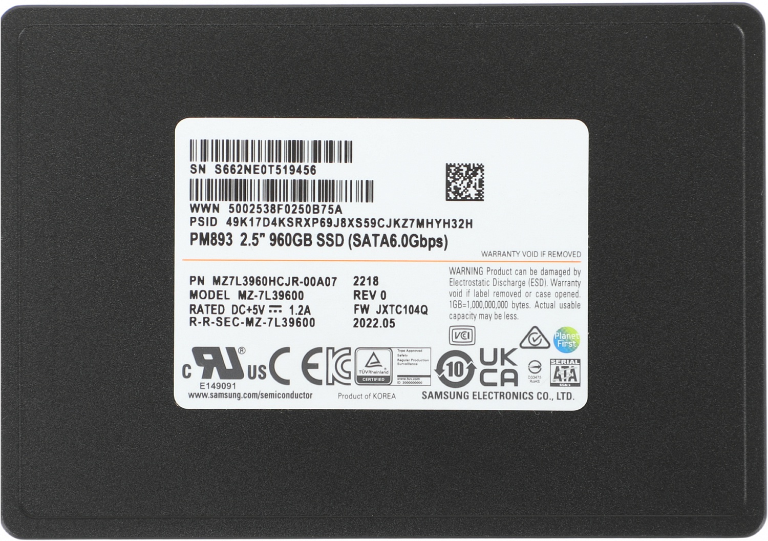Твердотельный накопитель Samsung Enterprise SSD, 2.5"(SFF), PM893, 960GB, SATA 3.3 6Gbps, R550/W530Mb/s, IOPS(R4K) 97K/31K, TLC, MTBF 2M, 1DWPD/5Y, OEM, (analog MZ7LH960HAJR-00005)