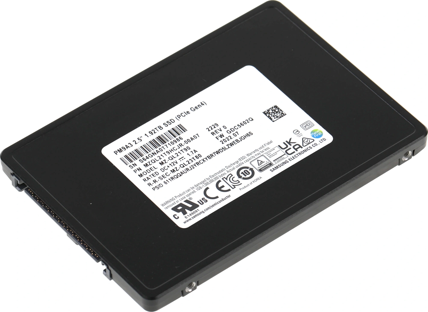 Твердотельный накопитель Samsung Enterprise SSD, 2.5"(SFF/U.2), PM9A3, 1920GB, NVMe/PCIE Gen4 (1x4), R6800/W2700Mb/s, IOPS(R4K) 850K/130K, MTBF 2M, 1DWPD/5Y, OEM, ( analog MZQLB1T9HAJR-00007)
