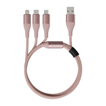 Кабель 3 in 1 зарядный USB Lightning/Micro/Type-C SOLOVE 120 см 5V 2,4А нейлоновая оплетка (DW2 Pink), техпак розовый