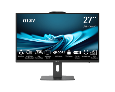 Моноблок MSI Pro AP272P 14M AiO 27" FHD(1920x1080)IPS AG Non-touch, Core i5-14400 (2.5GHz), 16Gb DDR5(2x8Gb), 512GB SSD M.2, Intel UHD,WiFi,BT,camera, WirelessKB&mouse Eng/Rus,No OS,1y war-ty, Black