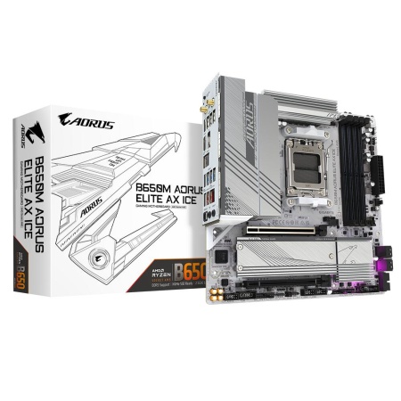 B650M AORUS ELITE AX ICE, Socket AM5, AMD B650, 4xDDR5-5200, HDMI+DP, 2xPCI-Ex16, 4xSATA3(RAID 0/1/10), 2xM.2, 8 Ch Audio, 2.5GLan, WiFi, (4+4)xUSB2.0, (7+2)xUSB3.2, (1+1)xUSB3.2 Type-C™, mATX, RTL