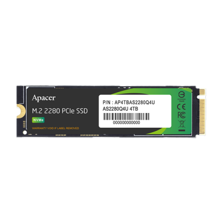 Твердотельный накопитель Apacer SSD AS2280Q4U 4TB M.2 2280 PCIe Gen4x4, R7400/W6800 Mb/s, 3D NAND, MTBF 1.6M, NVMe, 3000TBW, Retail, Heatsink, 5 years (AP4TBAS2280Q4U-1)