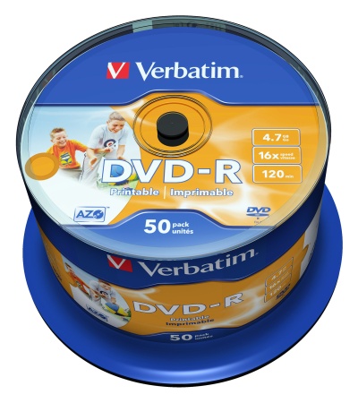 Диск DVD-R Verbatim 4.7Gb 16x Cake Box (50шт) Printable (43533)