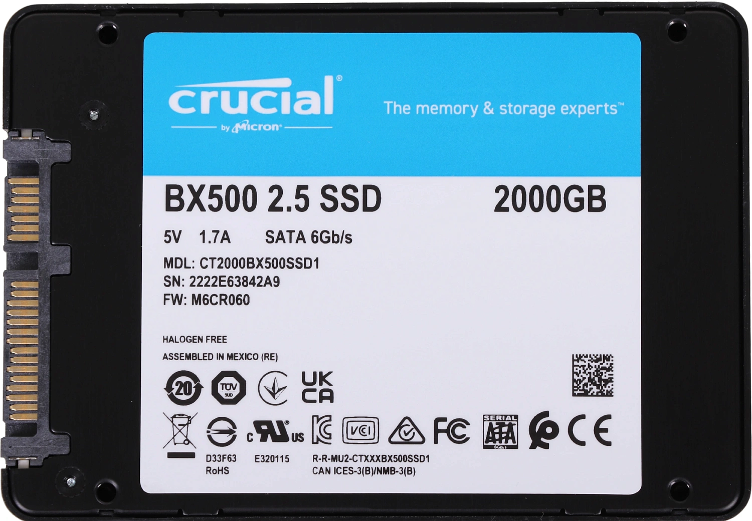 2.5" 2TB Crucial BX500 Client SSD CT2000BX500SSD1 SATA 6Gb/s, 540/500, 3D TLC, RTL, (821584)