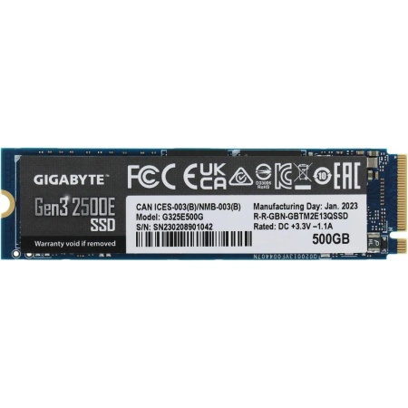 Твердотельный накопитель SSD M.2 2280 500GB Gigabyte 2500E Client SSD PCIe Gen3x4 with NVMe, 2300/1500, IOPS 60/240K, MTBF 1.5M, 3D NAND, 120TBW, 0,22DWPD, (844370) oem