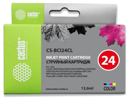 Картридж струйный Cactus CS-BCI24CL многоцветный (12.6мл) для Canon S200/S200x/S300/S330/S330/Photo i250/i320/i350/i450/i455/i470D/i475D/SmartBase MPC190/200 Photo/MP360/370/390/Pixma MP110/130/iP1000/iP1500/iP2000