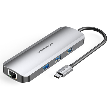 Док-станция Vention Multi-function USB-C to HDMI/USB3.0x3/RJ45/SD/TF/PD Docking Station 0.15M Gray Aluminum Alloy Type