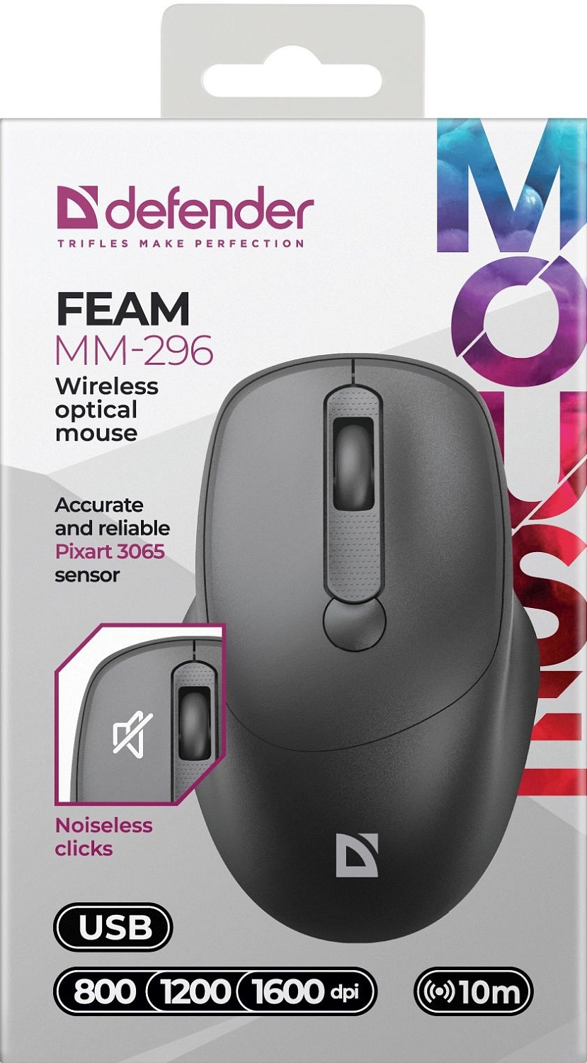 Мышь Defender Feam MM-296 черный оптическая 1600dpi silent беспров. USB 3but (52296) Мышь Defender Feam MM-296 черный оптическая 1600dpi silent беспров. USB 3but (52296)