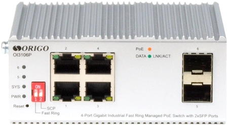 Коммутатор ORIGO Managed L2 Industrial Fast Ring Switch 4x1000Base-T PoE, 2x1000Base-X SFP, PoE Budget 60W, Surge 4KV, -40 to 75°C