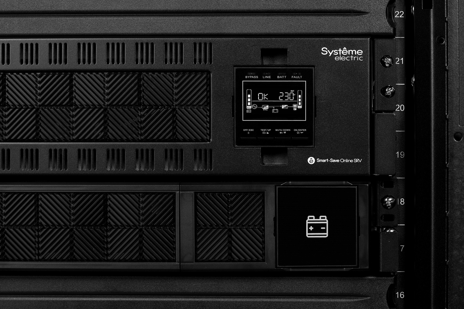 Источник бесперебойного питания Systeme Electric Smart-Save Online SRV, 10000VA/9000W, On-Line, Extended-run, Rack 5U(Tower convertible), LCD, Out: Hardwire, SNMP Intelligent Slot, USB, RS-232