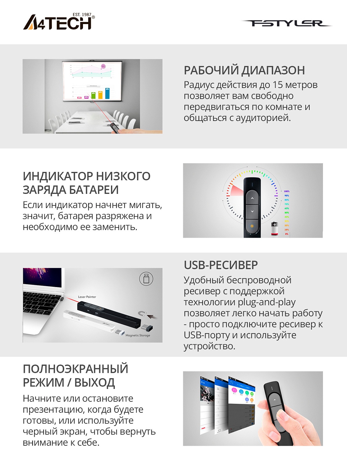 Презентер A4Tech Fstyler LP15 Radio USB (15м) белый