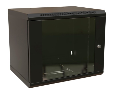 Шкаф коммутационный WRline (WR-TW-1245-GP-RAL9004) настенный 12U 600x450мм пер.дв.стекл 2 бок.пан. направл.под винты 60кг черный 350мм 650мм IP20 сталь