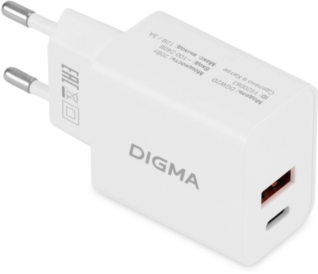 Сетевое зар./устр. Digma DGW2D 20W 3A+3A (PD+QC) USB-C/USB-A универсальное/белый (DGW2D0F110WH)