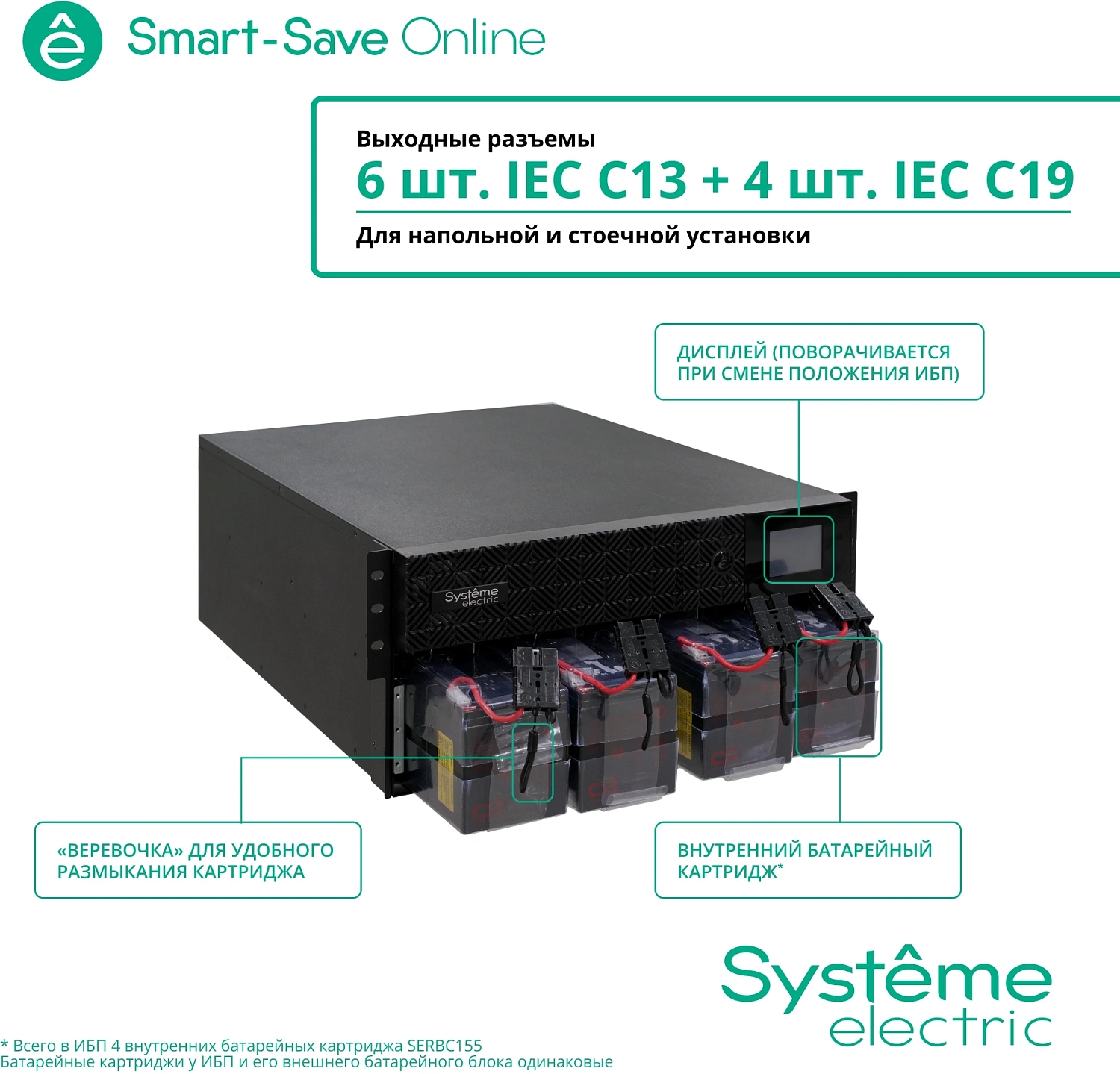Источник бесперебойного питания Systeme Electric Smart-Save Online SRT, 5000VA/5000W, On-Line, Extended-run, Rack 2U+3U(Tower convertible), LCD,  6xC13, 4xC19, SNMP Intelligent Slot, USB, RS-232, Pre-Inst. Web/SNMP