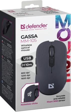 Беспроводная оптическая мышь Defender 52105 Gassa MM-105 черный,6D,800-1600dpi,бесшумн