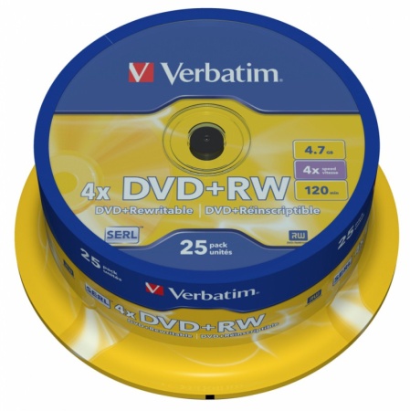 Диск DVD+RW Verbatim 4.7Gb 4x Cake Box (25шт) (43489)