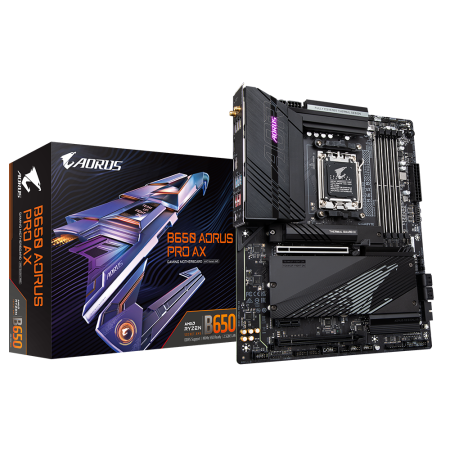 B650 AORUS PRO AX, Socket AM5, AMD B650, 4xDDR5-5200, HDMI, 2xPCI-Ex16, 1xPCI-Ex1, 4xSATA3(RAID 0/1/10), 3xM.2, 8 Ch Audio, 2.5GLan, WiFi, (4+4)xUSB2.0, (7+2)xUSB3.2, (1+1)xUSB3.2 Type-C™, ATX, RTL {}