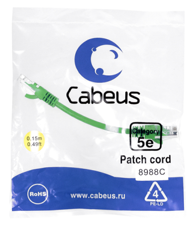 Патч-корд Cabeus PC-UTP-RJ45-Cat.5e-0.15m-GN Патч-корд U/UTP, категория 5е, 2xRJ45/8p8c, неэкранированный, зеленый, PVC, 0.15м