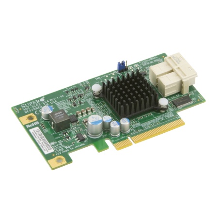 AOC-SLG3-2E4 Dual port PCI-E Gen-3 NVMe controller, 4 internal lanes per port, Supports 2 physical NVMe Devices, PCI-E Switch, OS Support: Windows, Linux, Uses 2 Mini-SAS HD (SFF 8643) connectors, Operating Temp: 10° to 55°C