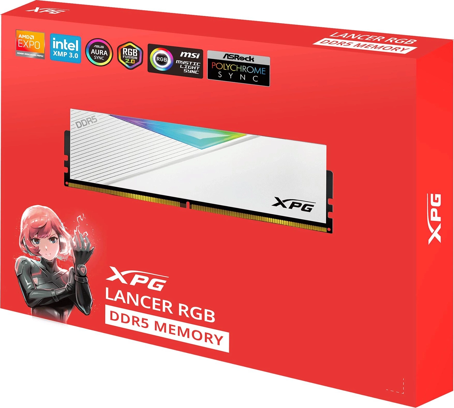 64GB DDR5 6000 DIMM XPG Lancer RGB AX5U6000C3032G-DCLARWH 2*32, 1.35V, CL30-40-40, On-Die ECC, Power Management IC, white