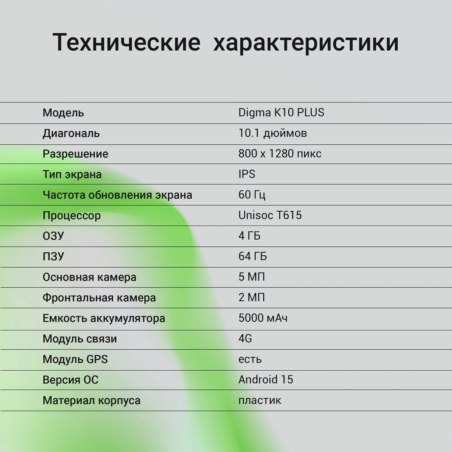 Планшет Digma K10 PLUS T615 (1.6) 8C RAM4Gb ROM64Gb 10.1" IPS 1280x800 4G Android 15 серый 5Mpix 2Mpix BT WiFi microSD 256Gb 5000mAh 225hrs