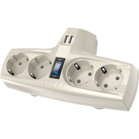 Сетевой фильтр ZIS Company  Pilot T USB, 4 розетки с заземлением, 15A, 3300Вт, 2 USB разъема для зарядки, цвет белый (потёртости)